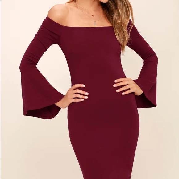 All She Wants Burgundy Off-the-Shoulder Midi Dress - Picture 2 of 7